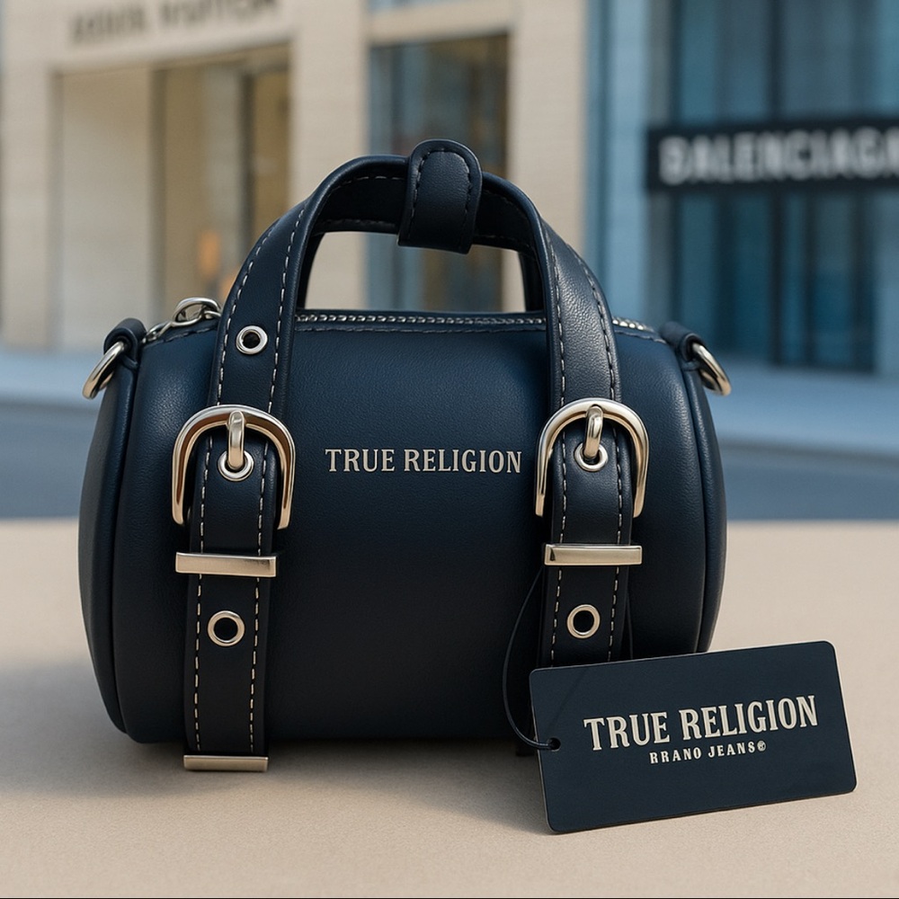 True Religion Dark Blue Handbag with Gold Accents
